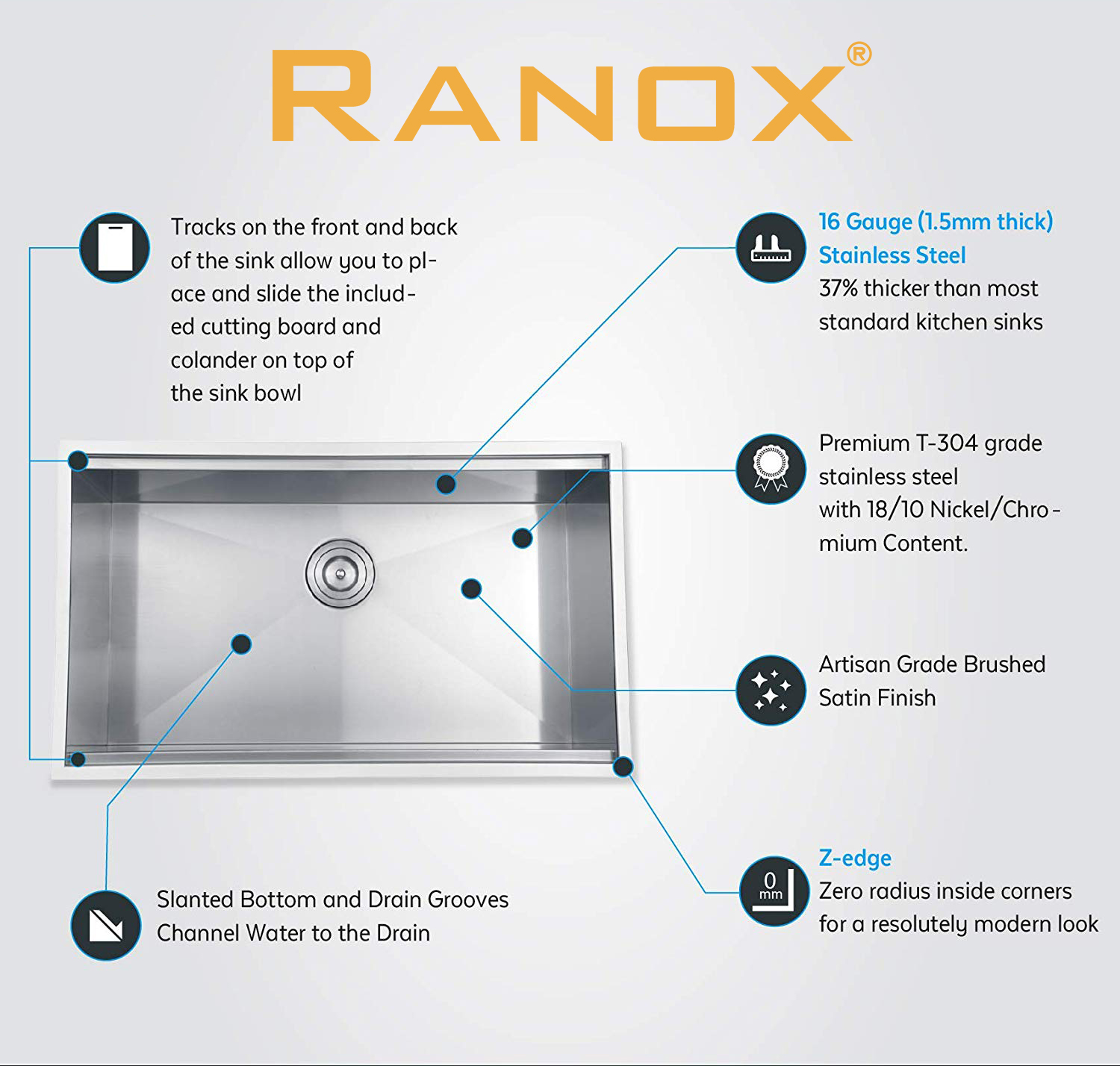 Kích thước chậu rửa bát đơn Ranox RN4455 01