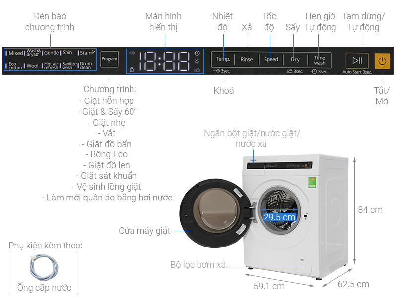 Máy giặt sấy Whirlpool SaniCare giặt 10.5 kg - sấy 7 kg WWEB10702FW Trắng 1