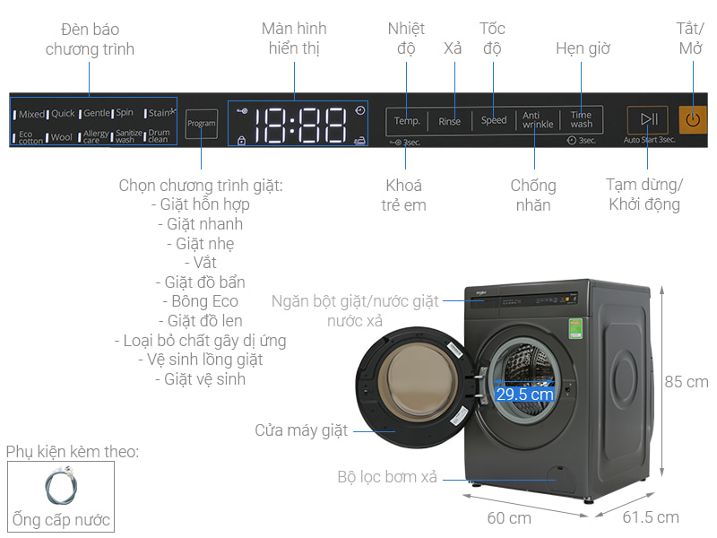 Máy giặt Whirlpool Inverter 10.5 kg FWEB10502FG 2