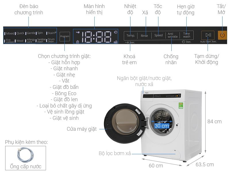 Máy giặt Whirlpool Inverter 10.5 kg FWEB10502FW 6