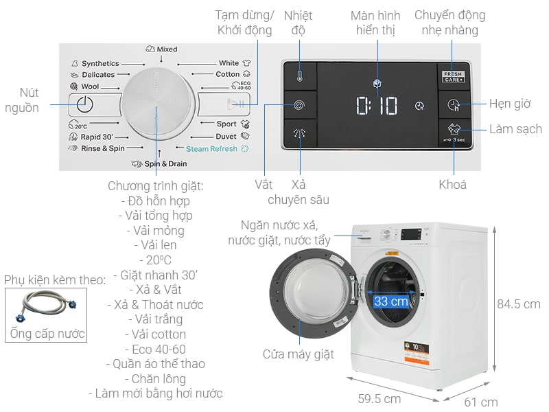 Máy giặt Whirlpool Inverter 9 Kg FFB9458WV EE 1
