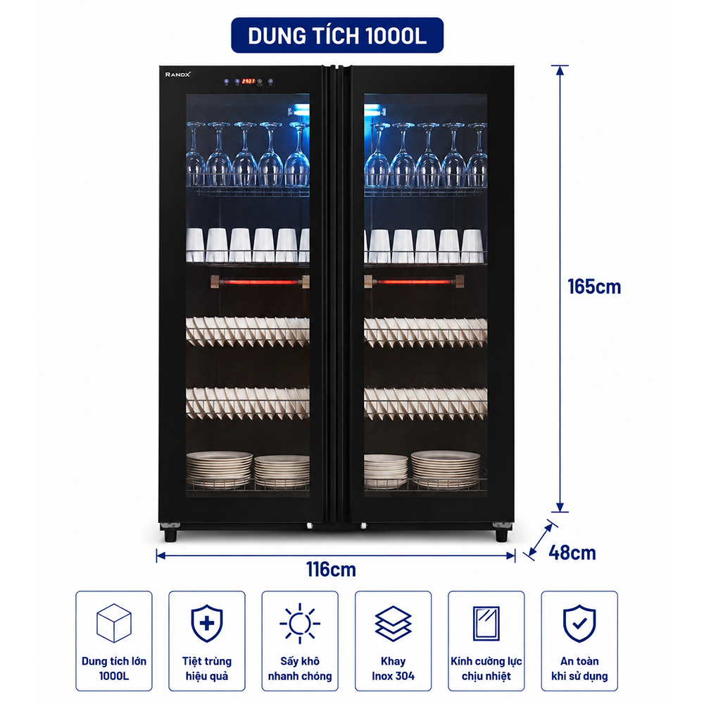 TỦ SẤY BÁT ĐĨA RANOX 1000L CAO CẤP