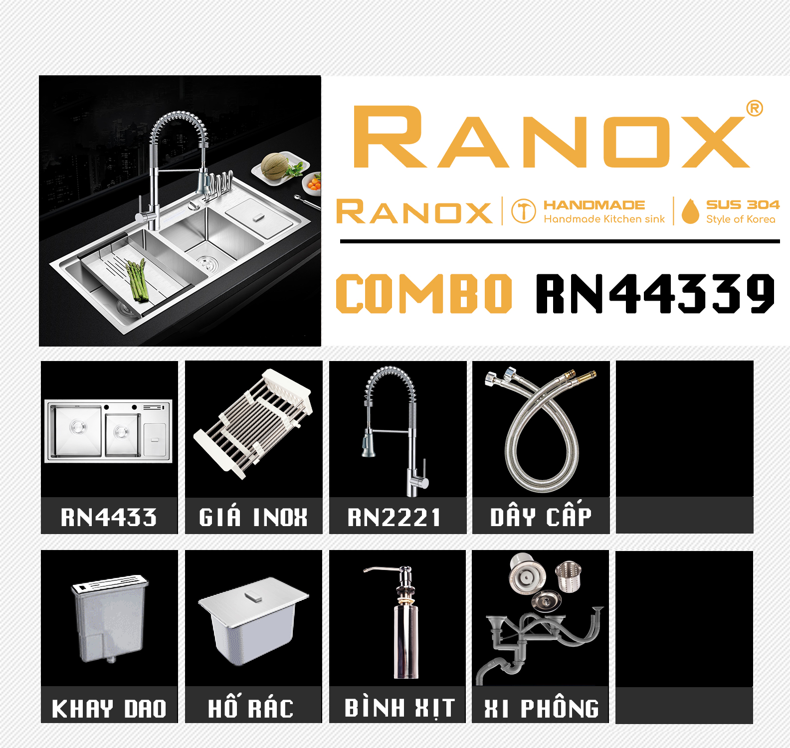 COMBO CHẬU RỬA BÁT RN4433 VÀ CÁC MẪU VÒI