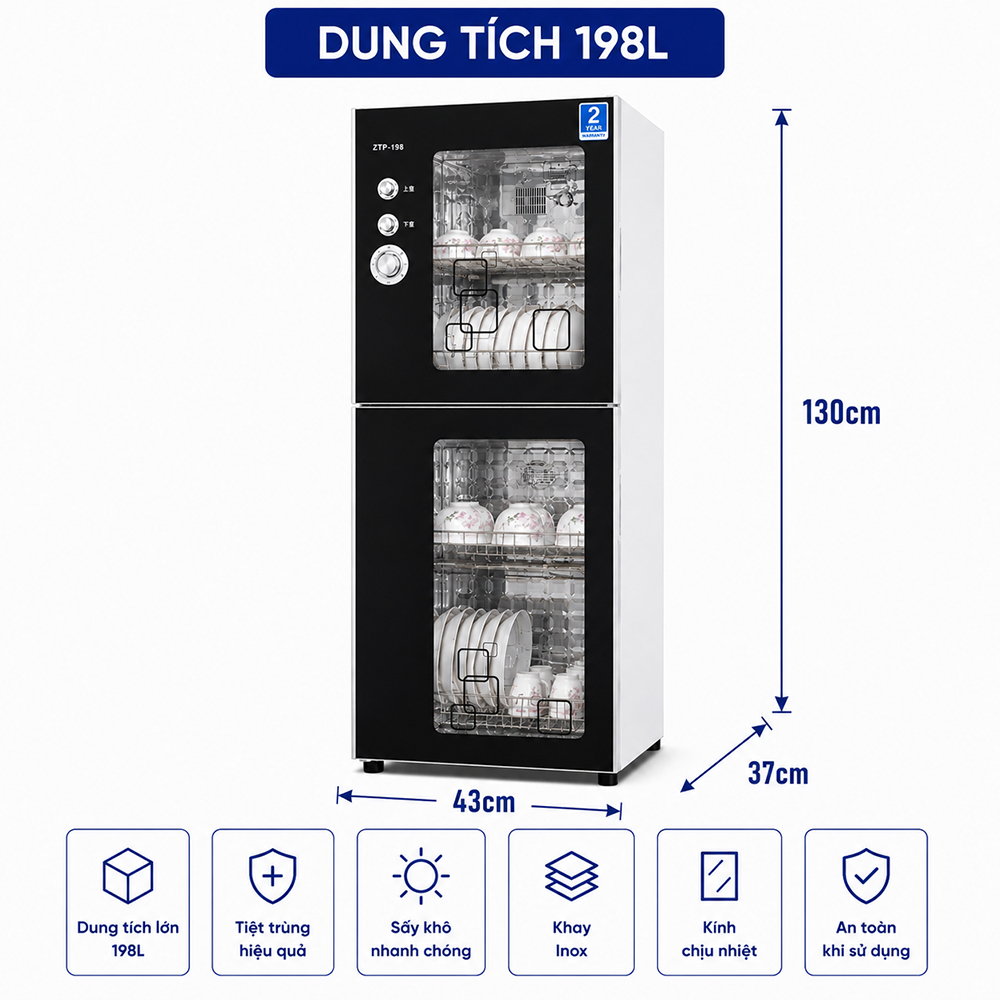 TỦ SẤY ĐEN 198L KHỬ TRÙNG BÁT ĐĨA, NÚM ĐIỀU CHỈNH THỜI GIAN