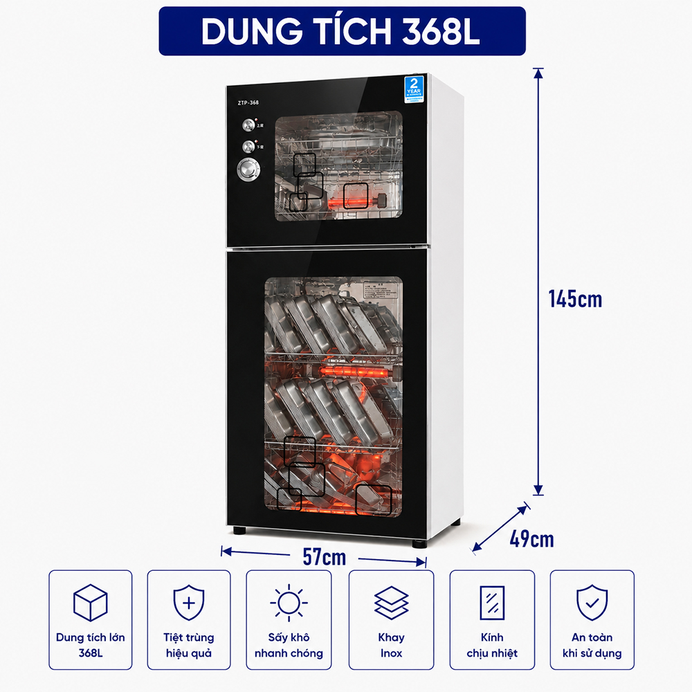 TỦ SẤY BÁT 368L MÀU ĐEN, ĐIỀU CHỈNH THỜI GIAN