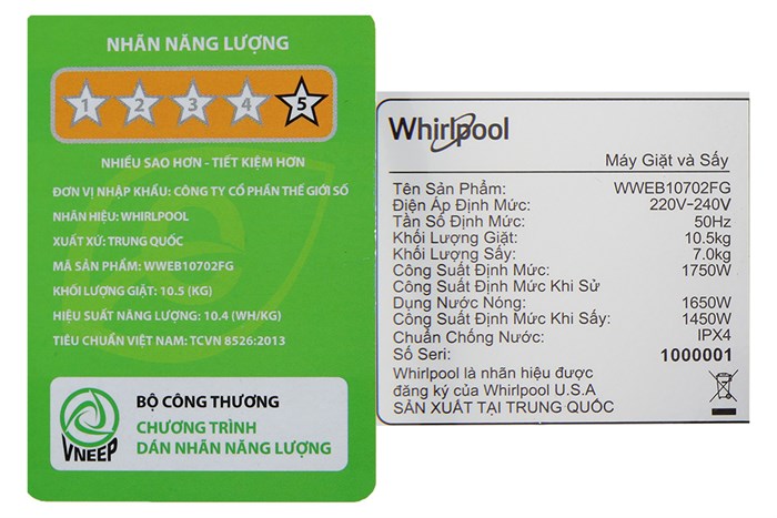 Máy giặt sấy Whirlpool SaniCare giặt 10.5kg - sấy 7kg WWEB10702FG Xám