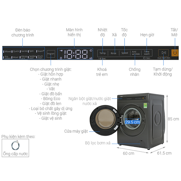 Máy giặt Whirlpool Inverter 10.5 kg FWEB10502FG