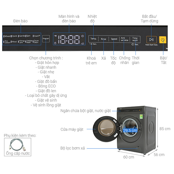 Máy giặt Whirlpool Inverter 9 kg FWEB9002FWG
