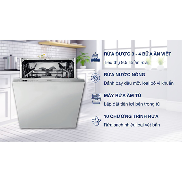 Máy rửa chén âm tủ Whirlpool WIO 3T133P