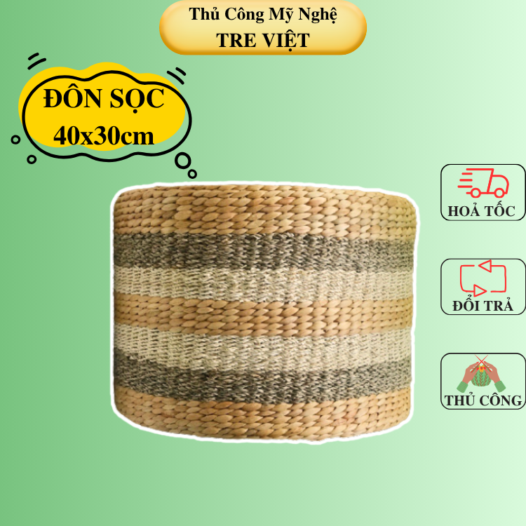 Ghế Đôn Lục Bình Sọc Cói 40x30cm - Round Water Hyacinth Woven Ottoman