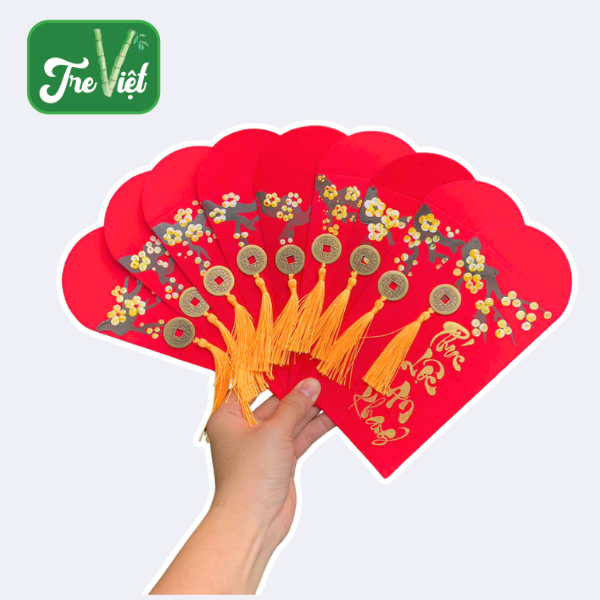 Bao lì xì đỏ mừng thọ/ mừng tuổi chữ viết tay Thư Pháp câu chúc có đồng xu may mắn