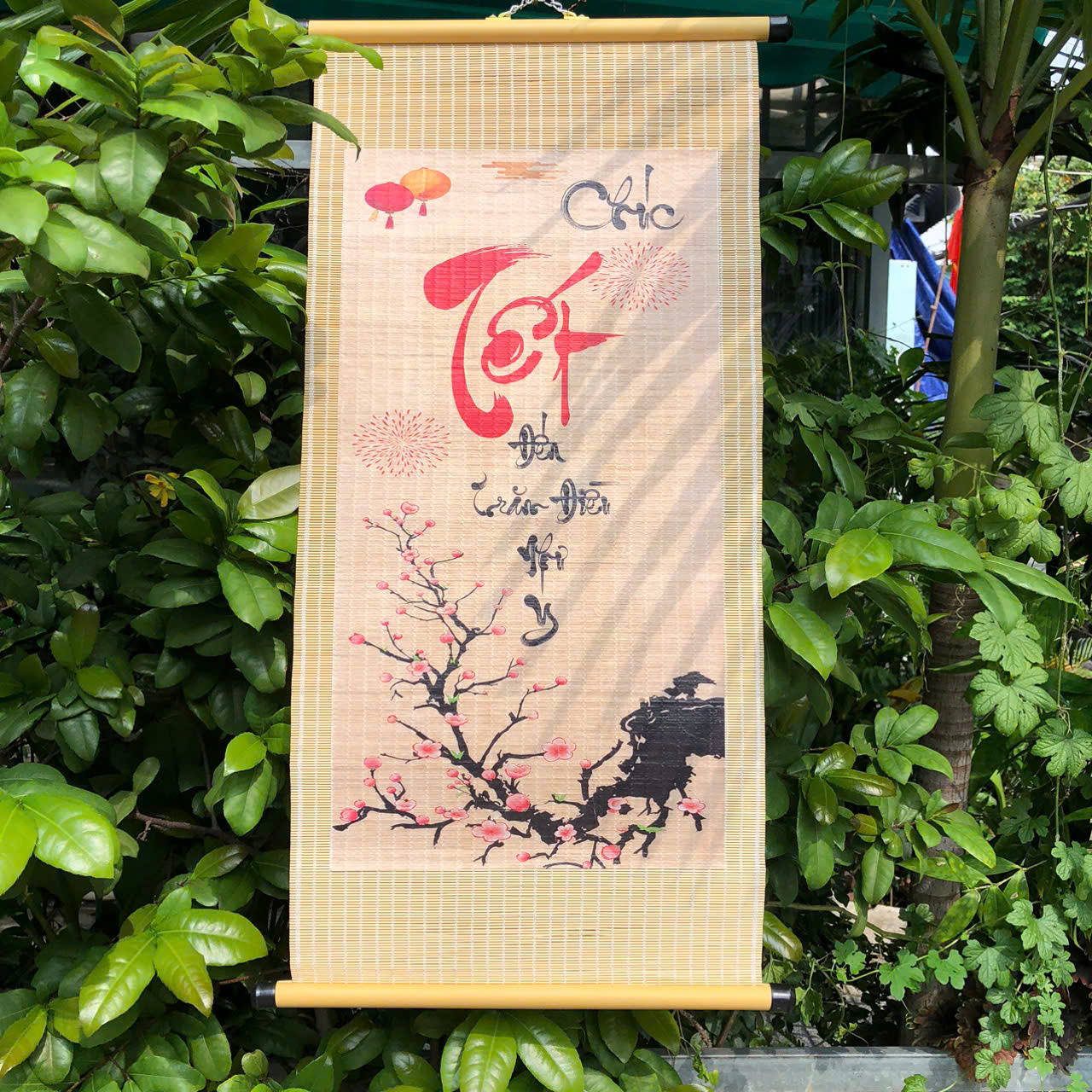 Mành tre dán câu đối SẴN - Mành tăm tre trang trí Tết decor (có ống treo)