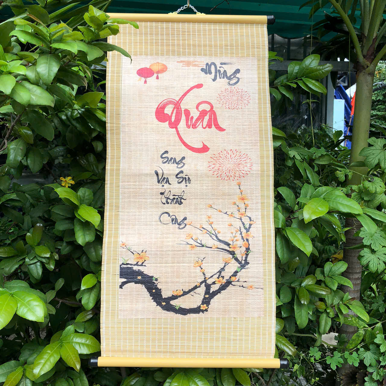 Mành tre dán câu đối SẴN - Mành tăm tre trang trí Tết decor (có ống treo)
