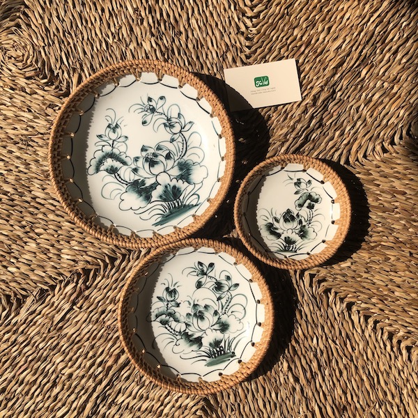 Dĩa sứ tròn đan mây - Đĩa sứ viền mây tre đan tay decor, đựng đồ
