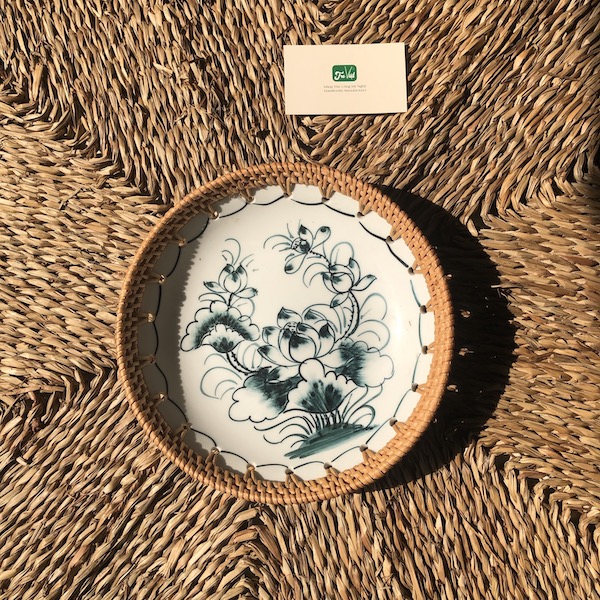 Dĩa sứ tròn đan mây - Đĩa sứ viền mây tre đan tay decor, đựng đồ