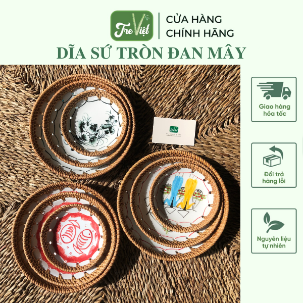 Dĩa sứ tròn đan mây - Đĩa sứ viền mây tre đan tay decor, đựng đồ