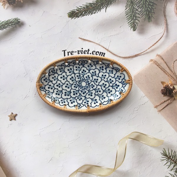 Đĩa Sứ Đan Mây - Đĩa Mây Oval Kết Hợp Gốm Sứ