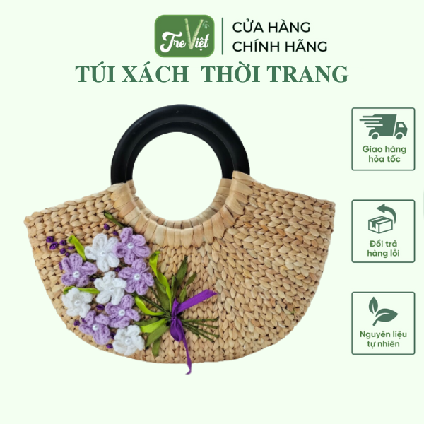 Giỏ xách lục bình thêu tay có lót vải và khoá kéo - Túi bán nguyệt quai gỗ