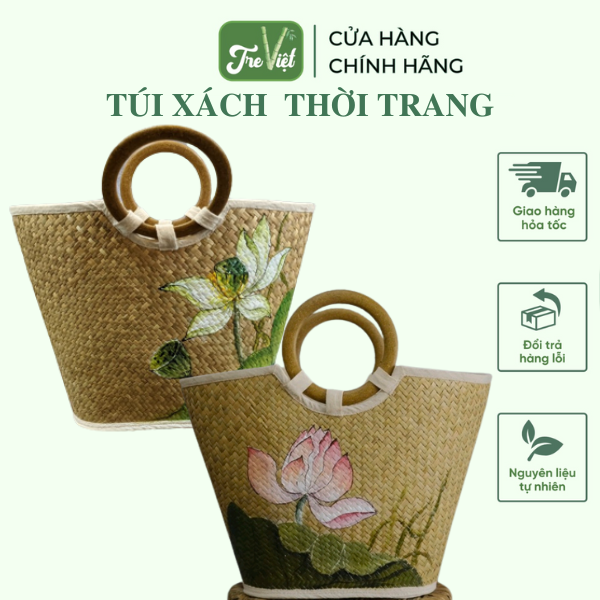 Túi xách quai gỗ vẽ hoa sen đẹp