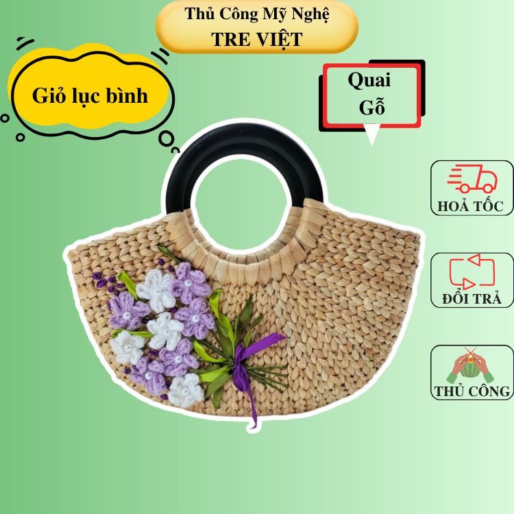 Giỏ xách lục bình thêu tay có lót vải và khoá kéo - Túi bán nguyệt quai gỗ