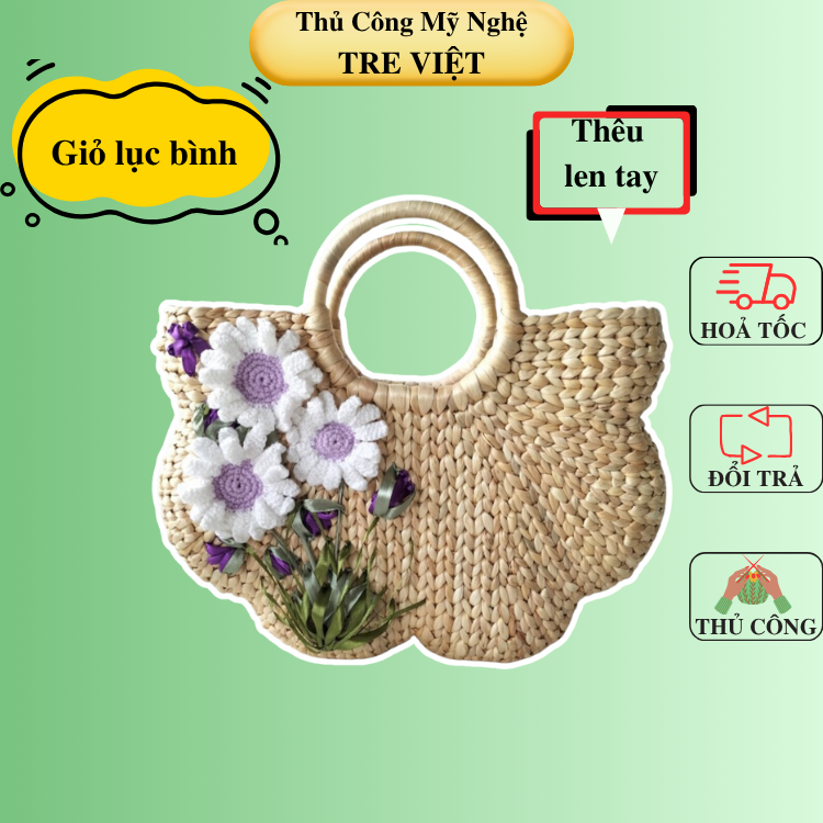 Giỏ xách lục bình thêu tay có lót vải và khoá kéo