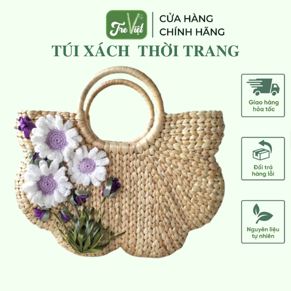 Giỏ xách lục bình thêu tay có lót vải và khoá kéo
