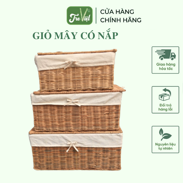 Giỏ Mây Đa Năng Đựng Đồ Có Nắp Lót - Rattan Basket