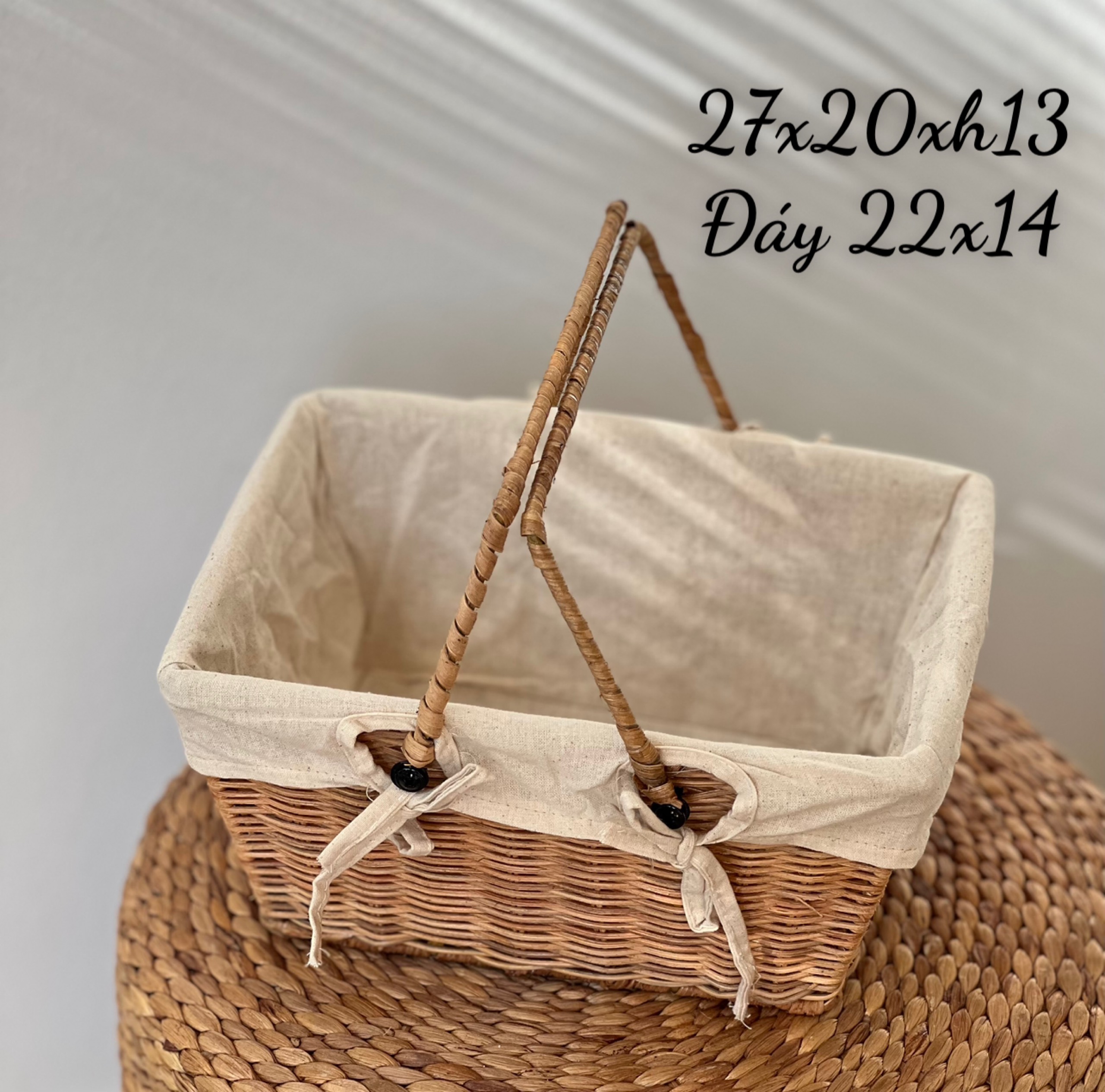 Giỏ Picnic Mây có quai có lót vải - Giỏ Mây Đi Du Lịch, Dã Ngoại để Chụp Ảnh/ Trang Trí