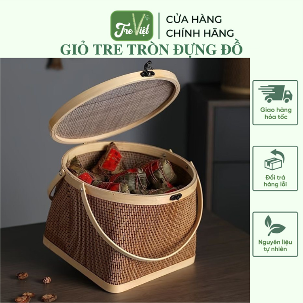 Giỏ trụ bằng tre xinh xắn - Giỏ đựng quà tặng, giỏ đi chơi dã ngoại