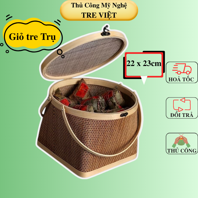 Giỏ trụ bằng tre xinh xắn - Giỏ đựng quà tặng, giỏ đi chơi dã ngoại