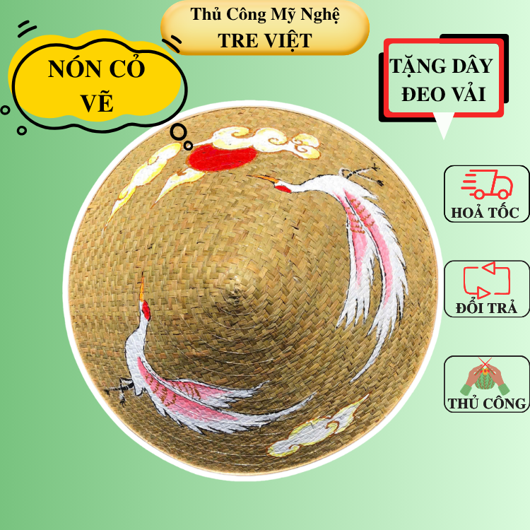Nón Cỏ Bàng vẽ tay mẫu mới đẹp - Nón Lá Cỏ Bàng Chắc Chắn (có sẵn dây nón)