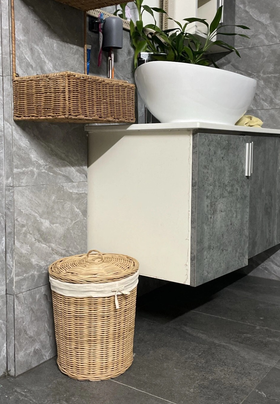 Thùng Sọt Mây - Thùng Rác Mây để toilet có lót nắp và lót vải