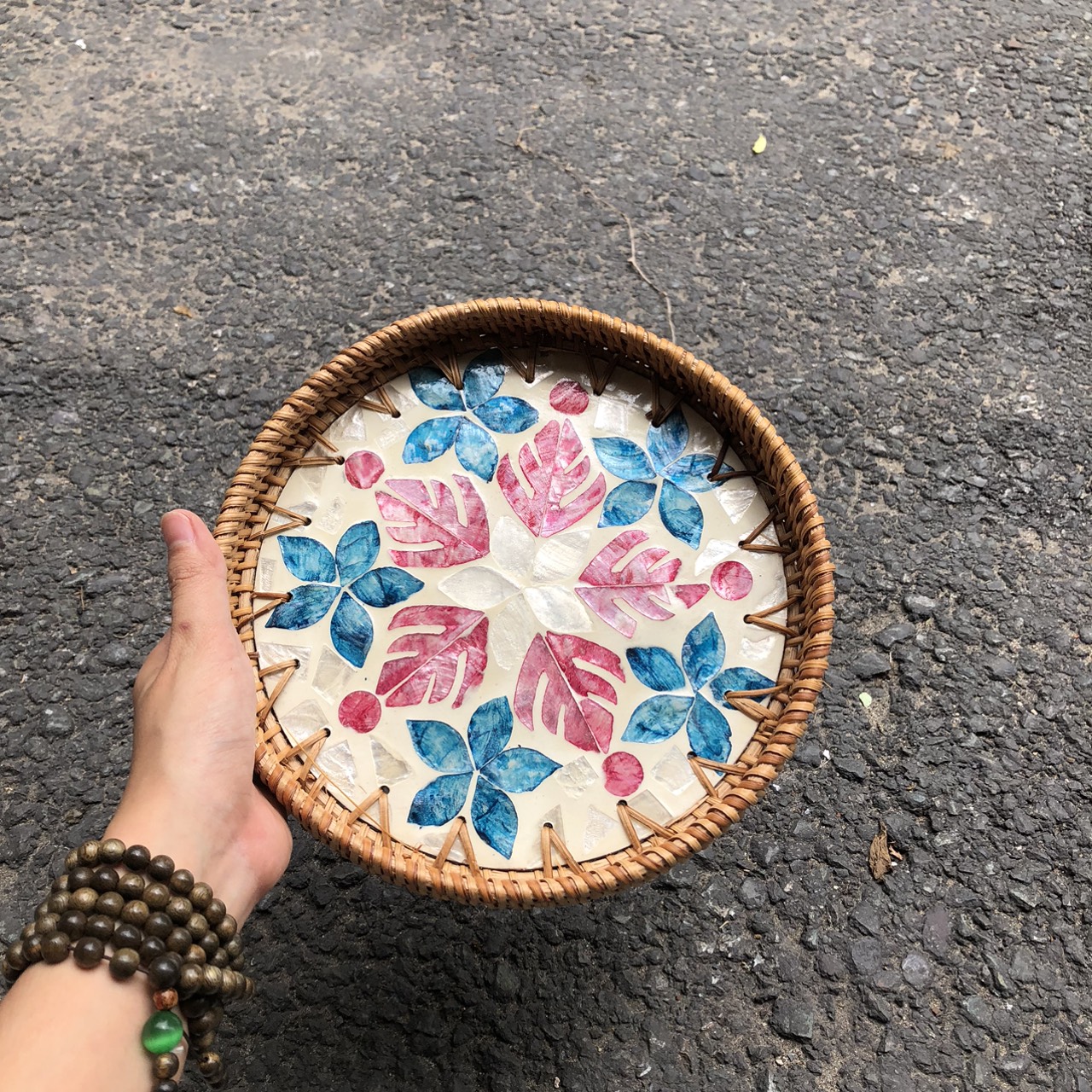 Khay Mây Khảm Trai - Mâm Mây Khảm Trai Đựng Đồ An, Trang Trí Bàn Ăn