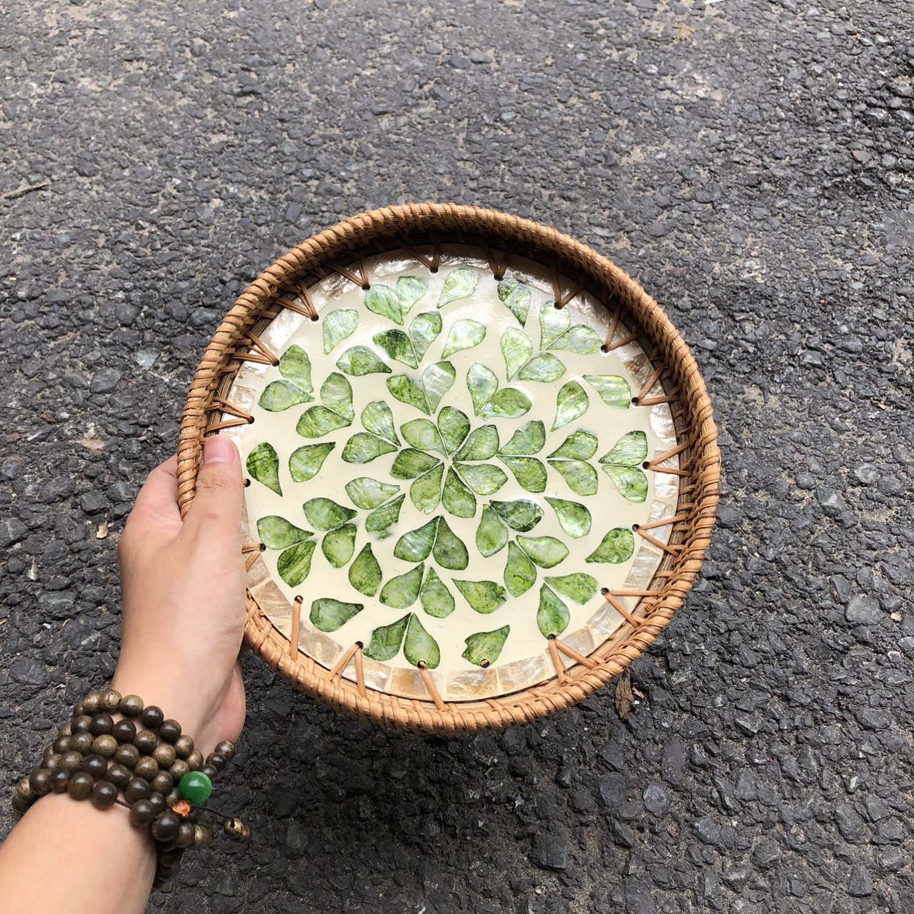 Khay Mây Khảm Trai - Mâm Mây Khảm Trai Đựng Đồ An, Trang Trí Bàn Ăn