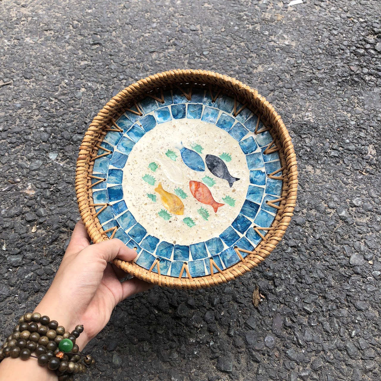 Khay Mây Khảm Trai - Mâm Mây Khảm Trai Đựng Đồ An, Trang Trí Bàn Ăn