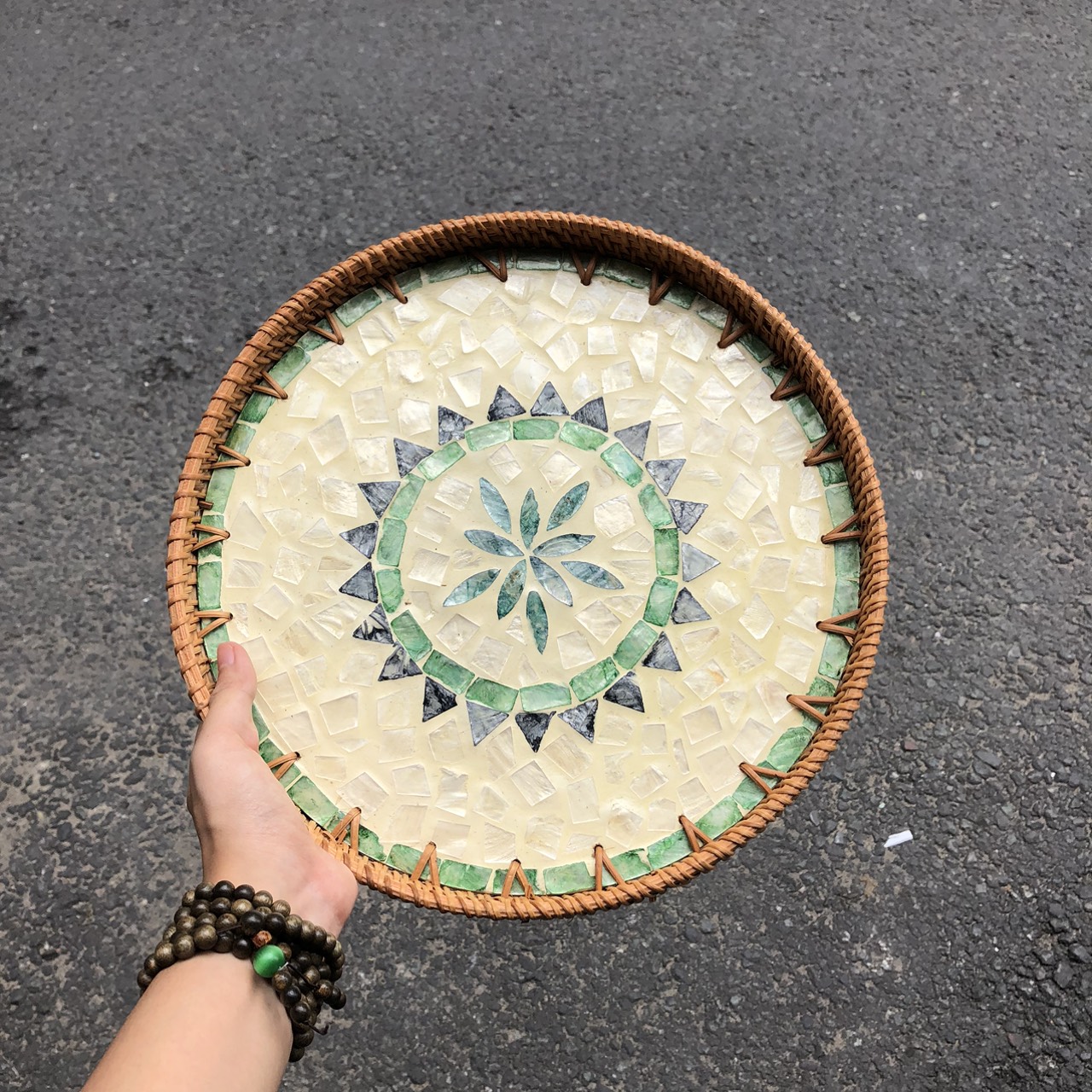 Khay Mây Khảm Trai - Mâm Mây Khảm Trai Đựng Đồ An, Trang Trí Bàn Ăn