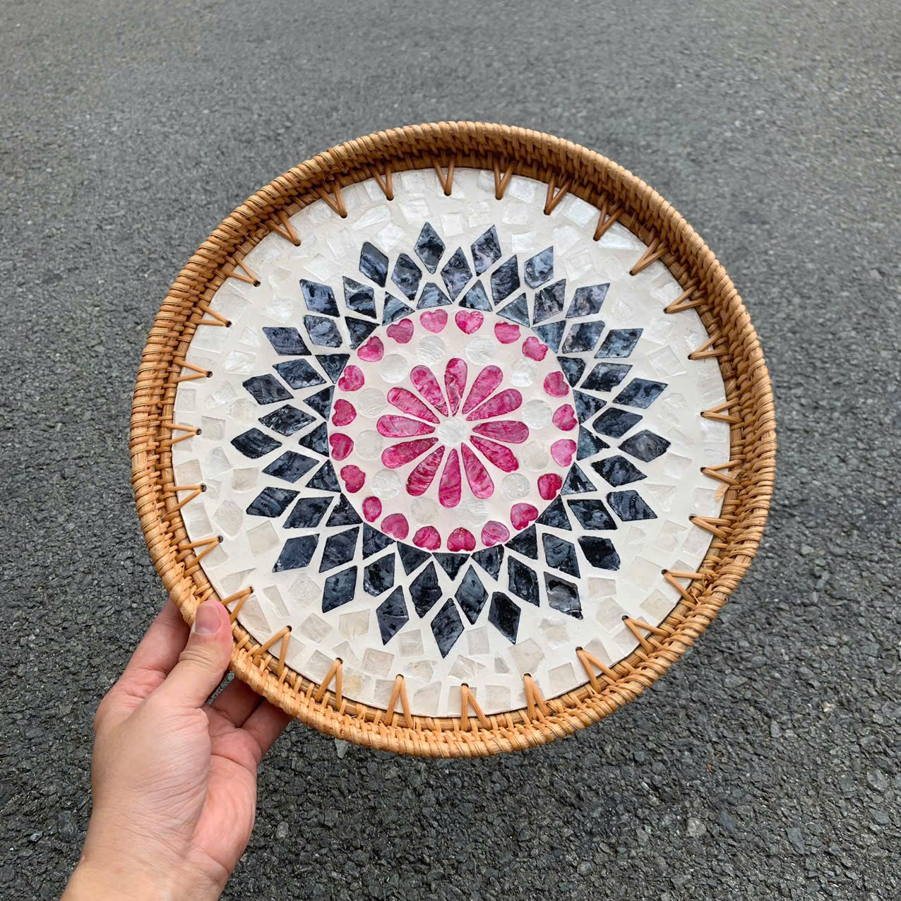 Khay Mây Khảm Trai - Mâm Mây Khảm Trai Đựng Đồ An, Trang Trí Bàn Ăn