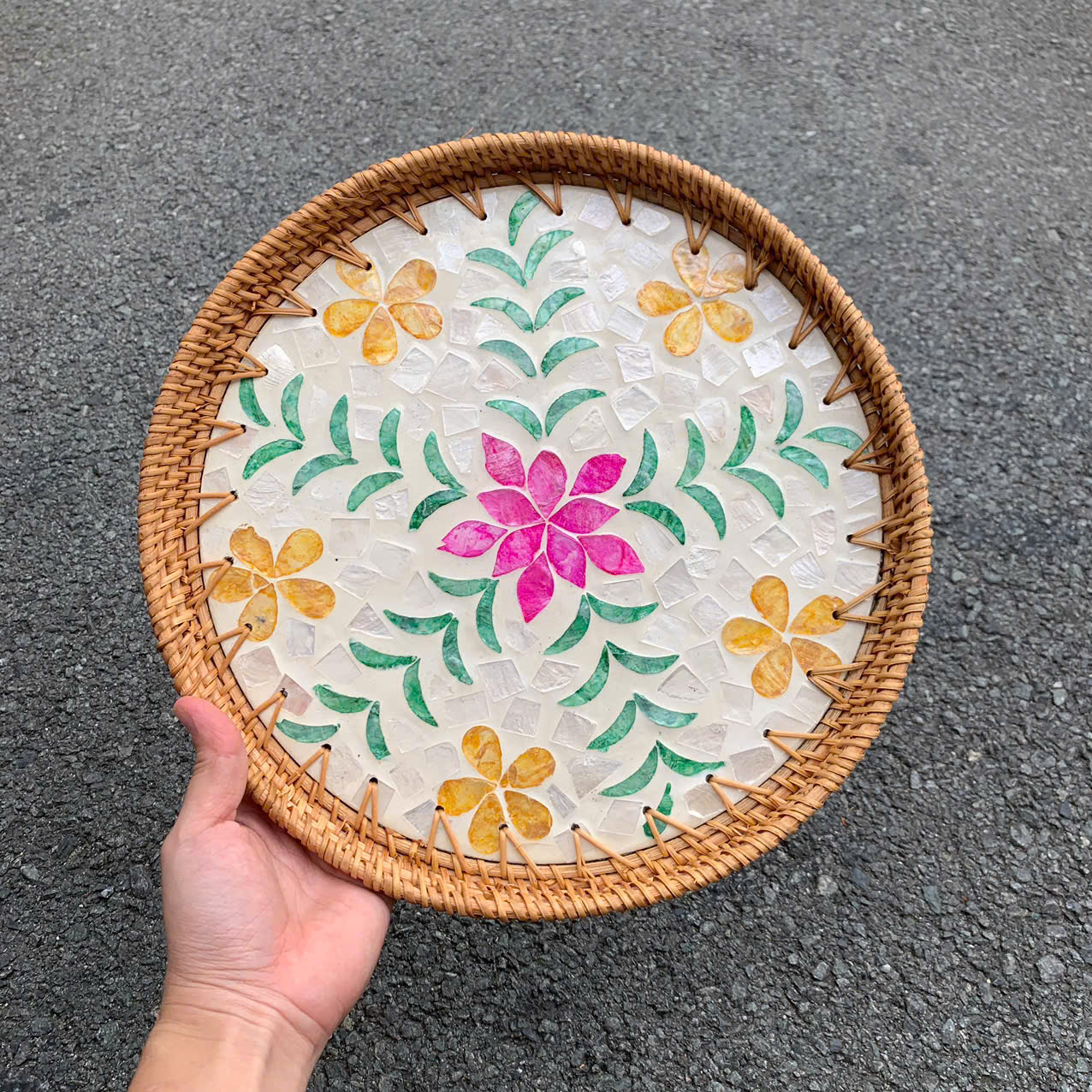 Khay Mây Khảm Trai - Mâm Mây Khảm Trai Đựng Đồ An, Trang Trí Bàn Ăn