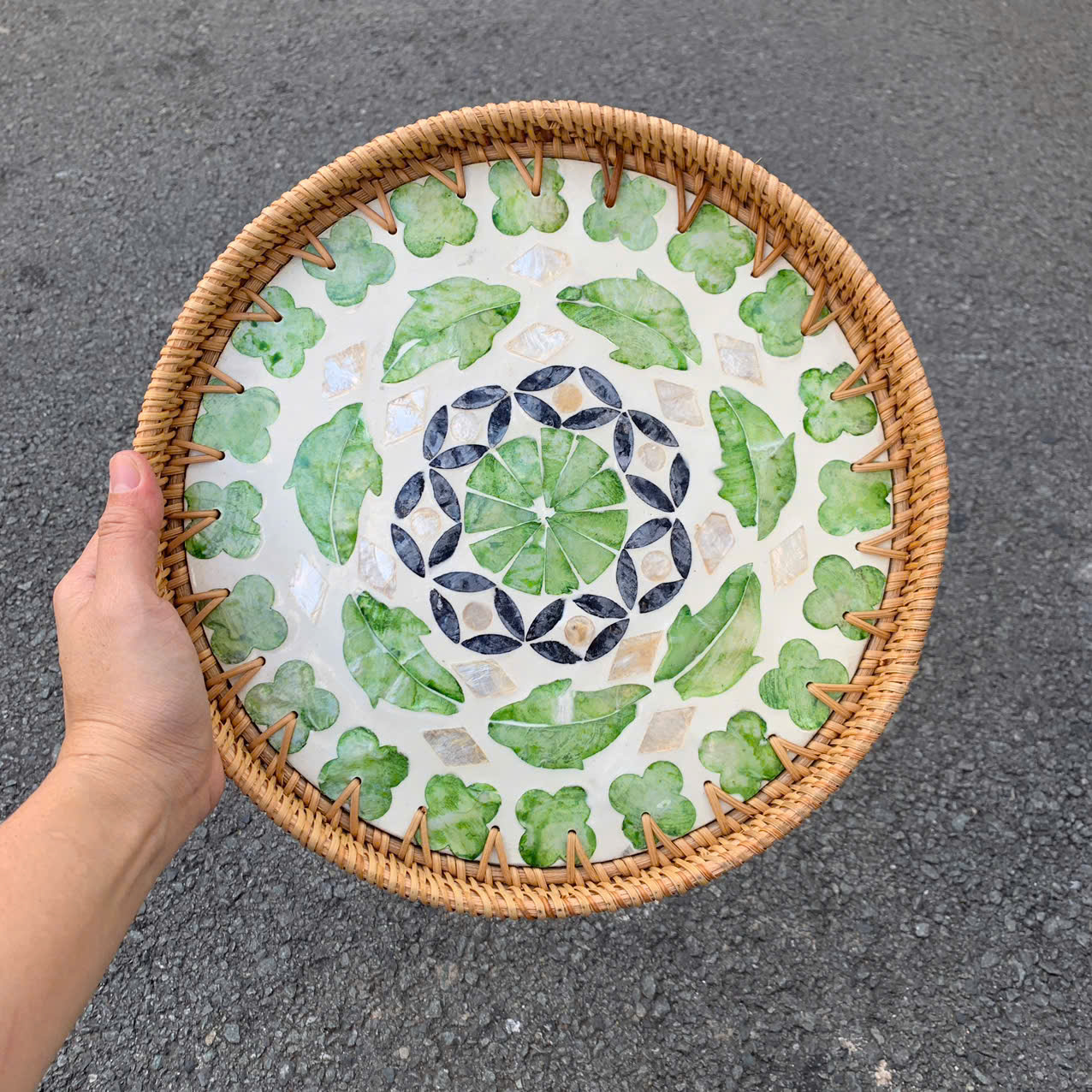 Khay Mây Khảm Trai - Mâm Mây Khảm Trai Đựng Đồ An, Trang Trí Bàn Ăn