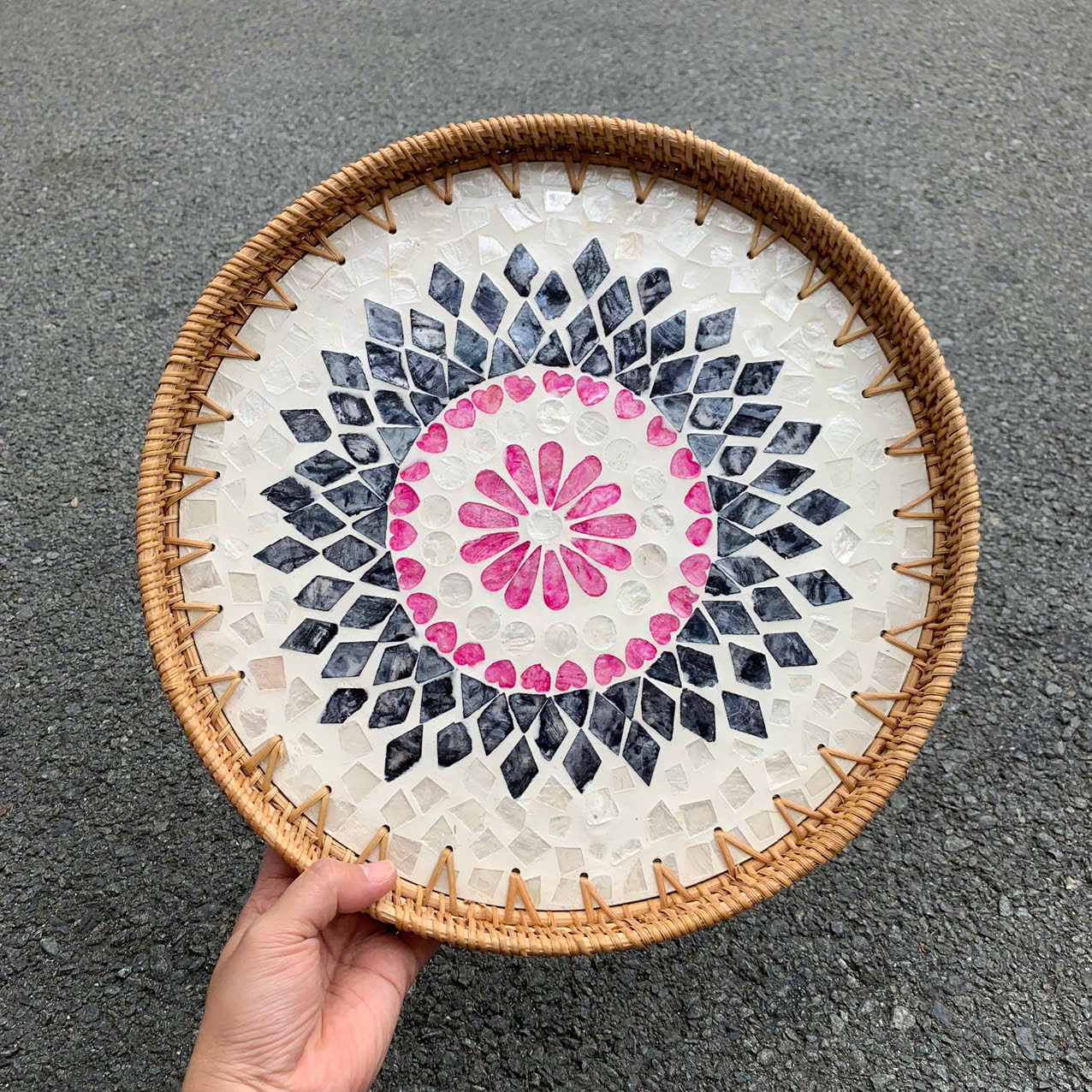 Khay Mây Khảm Trai - Mâm Mây Khảm Trai Đựng Đồ An, Trang Trí Bàn Ăn