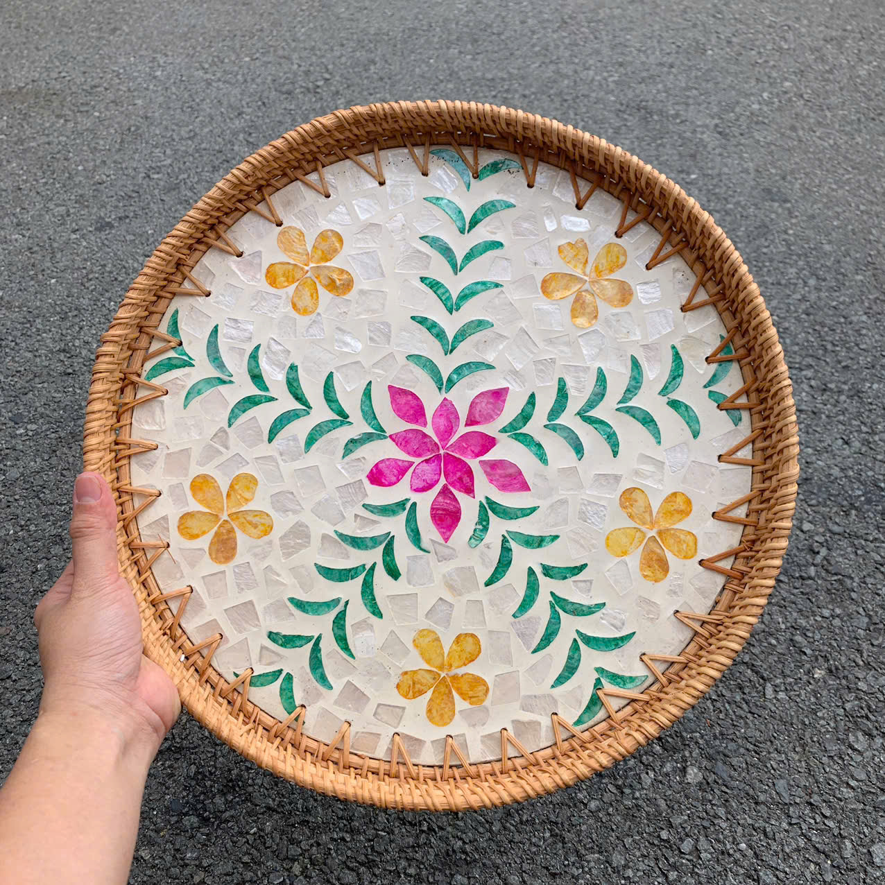 Khay Mây Khảm Trai - Mâm Mây Khảm Trai Đựng Đồ An, Trang Trí Bàn Ăn