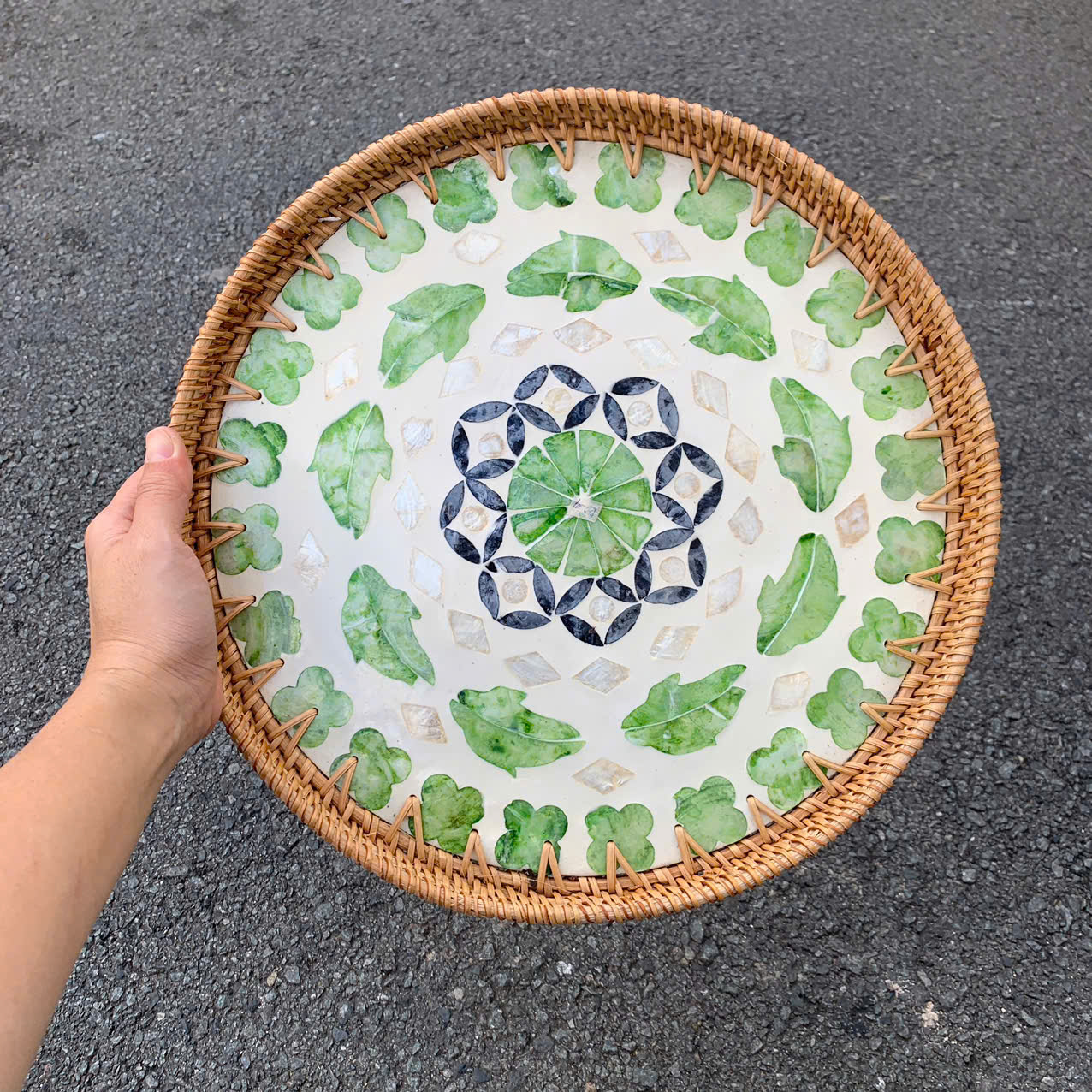 Khay Mây Khảm Trai - Mâm Mây Khảm Trai Đựng Đồ An, Trang Trí Bàn Ăn