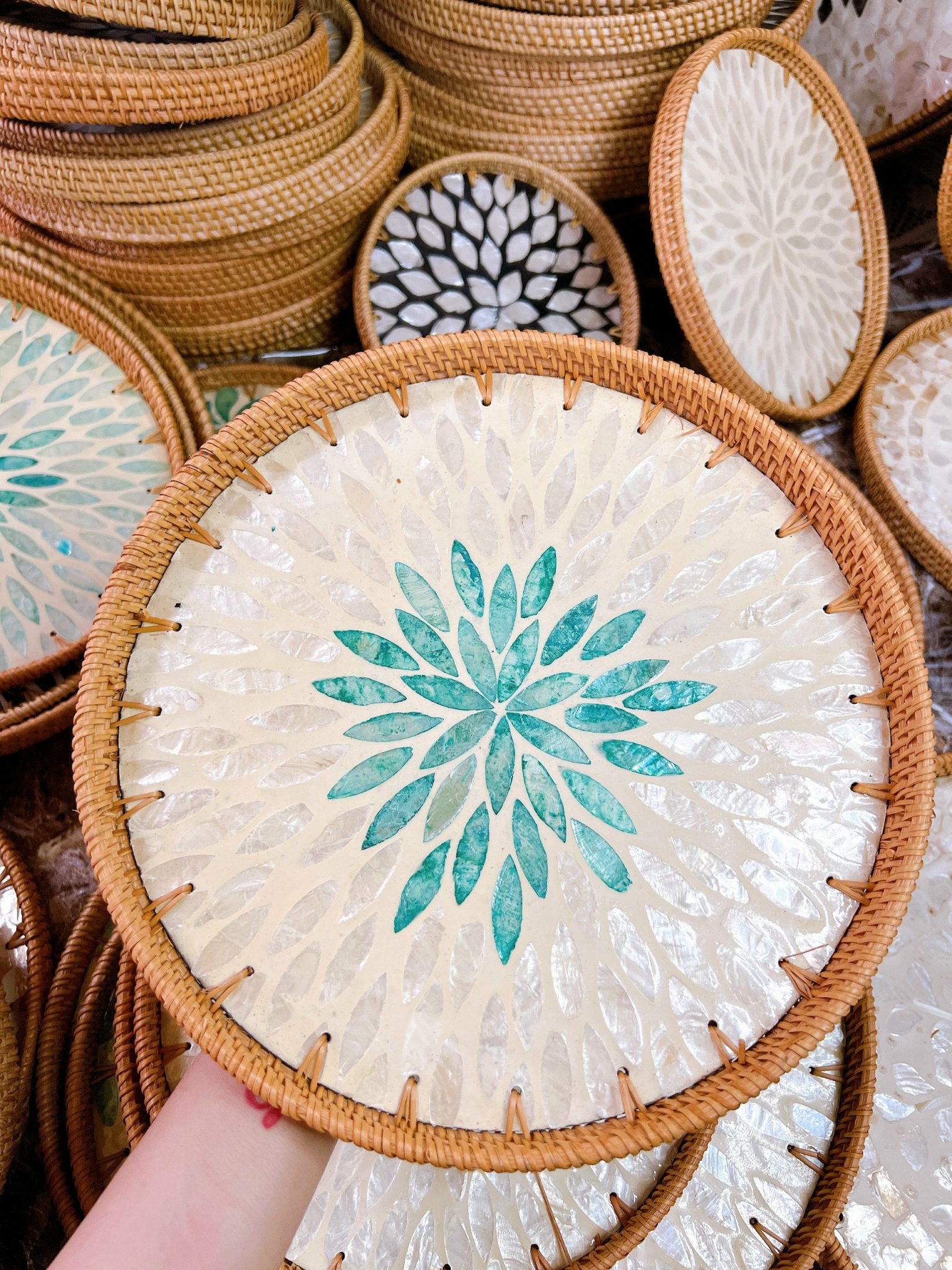 Khay Mây Khảm Trai - Mâm Mây Khảm Trai Đựng Đồ An, Trang Trí Bàn Ăn