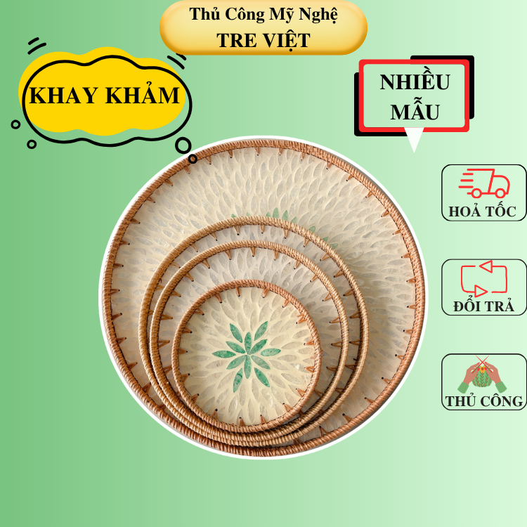 Khay Mây Khảm Trai - Mâm Mây Khảm Trai Đựng Đồ An, Trang Trí Bàn Ăn