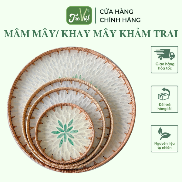 Khay Mây Khảm Trai - Mâm Mây Khảm Trai Đựng Đồ An, Trang Trí Bàn Ăn
