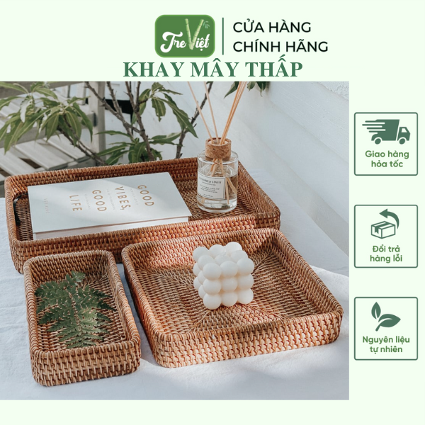 Khay Mây Chữ Nhật thấp Đựng Bình Trà, Đựng Đồ Ăn Trang Trí