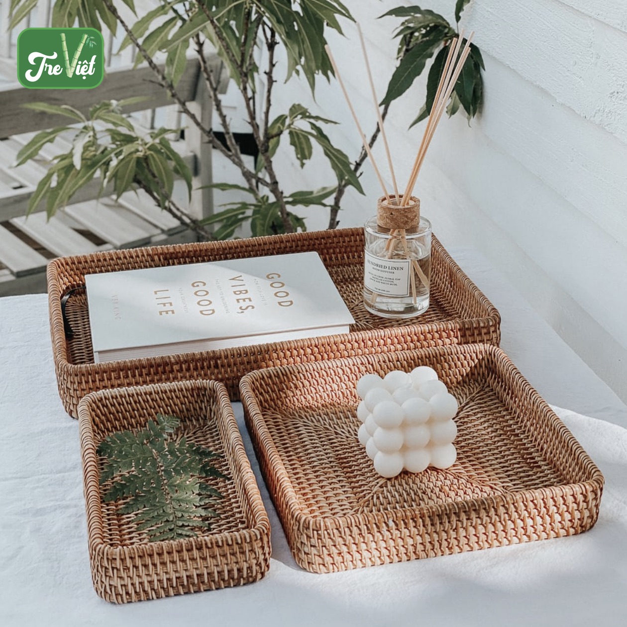 Khay Mây Chữ Nhật thấp Đựng Bình Trà, Đựng Đồ Ăn Trang Trí