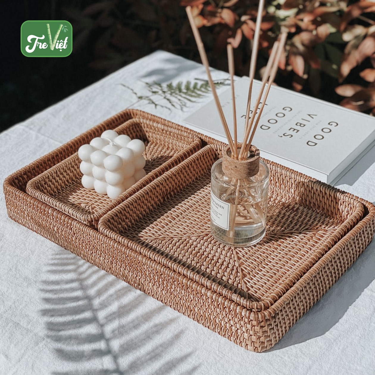 Khay Mây Chữ Nhật thấp Đựng Bình Trà, Đựng Đồ Ăn Trang Trí