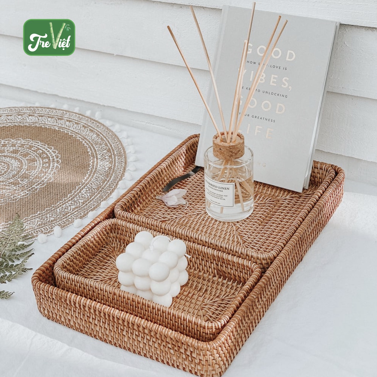 Khay Mây Chữ Nhật thấp Đựng Bình Trà, Đựng Đồ Ăn Trang Trí