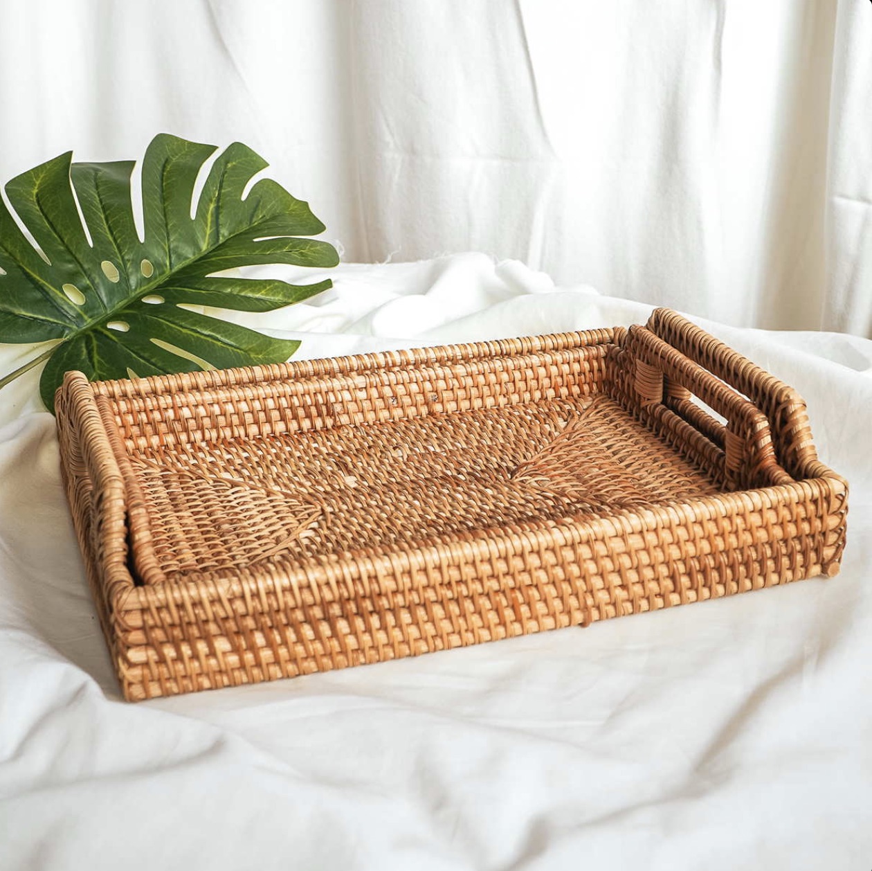 Khay Mây Chữ Nhật Tay Cầm Đựng Bình Trà, Đựng Đồ Ăn Trang Trí - Rattan Tray